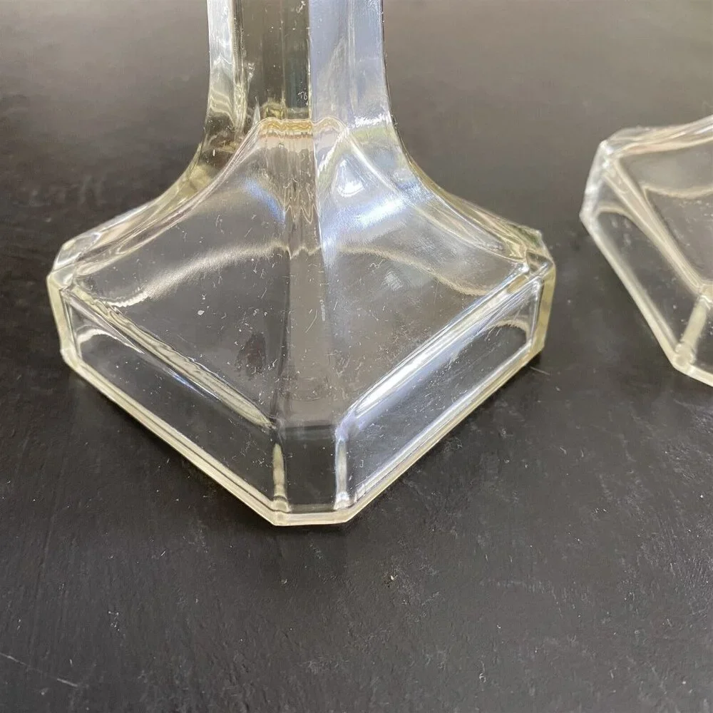 Vintage Pair Glass Candle Sticks Taper Candleholders Clear Square Base 7.5